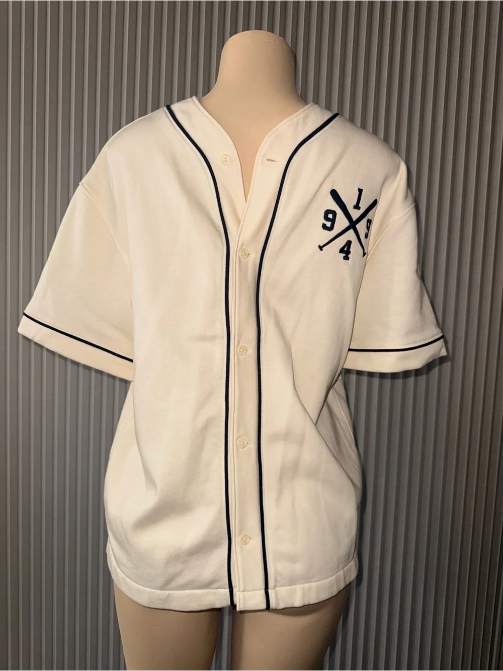 Kid's White Baseball-Style Button-Up Shirt with Navy Trim